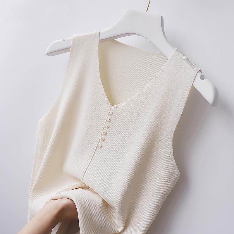 Summer Women Ice Silk V-neck Wide Strap Tank Top, Solid Color Button Decor Knit Sleeveless Camisole for Students
