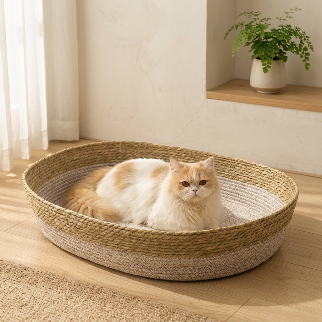 Oval Woven Rattan Cat Bed Scratch Resistant Cool Summer Pet House
