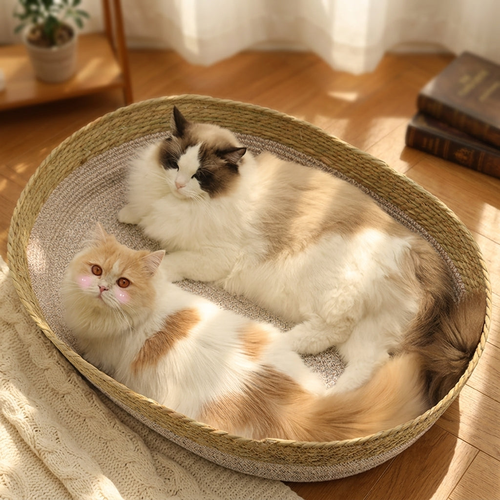 Oval Woven Rattan Cat Bed Scratch Resistant Cool Summer Pet House