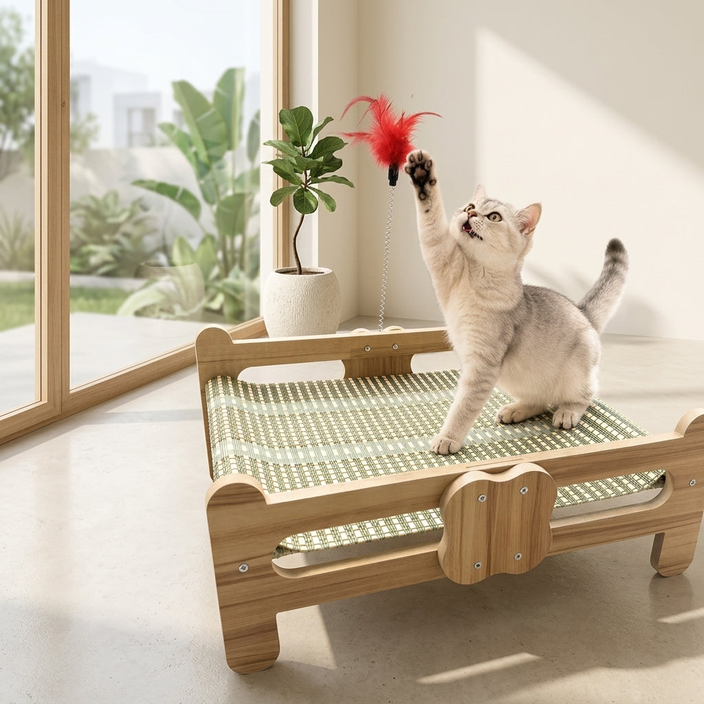 PP Bamboo Cat Bed Summer Cooling Mat With Bell Toy Double Layer