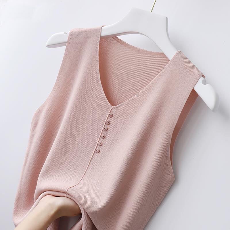 Summer Women Ice Silk V-neck Wide Strap Tank Top, Solid Color Button Decor Knit Sleeveless Camisole for Students