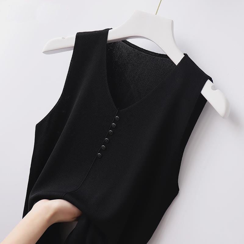 Summer Women Ice Silk V-neck Wide Strap Tank Top, Solid Color Button Decor Knit Sleeveless Camisole for Students